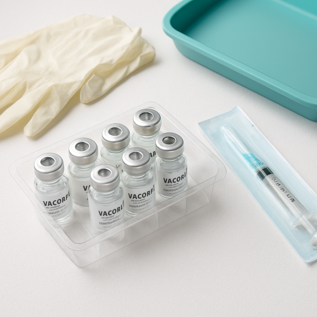 Vaccine vials and immunisation supplies on a clinical bench