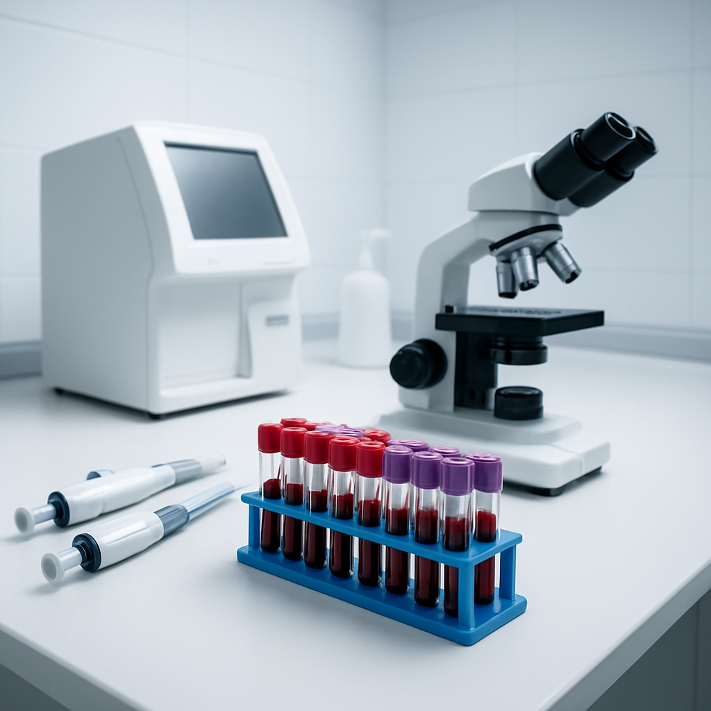 Pathology lab with blood test tubes, pipettes, and clinical equipment