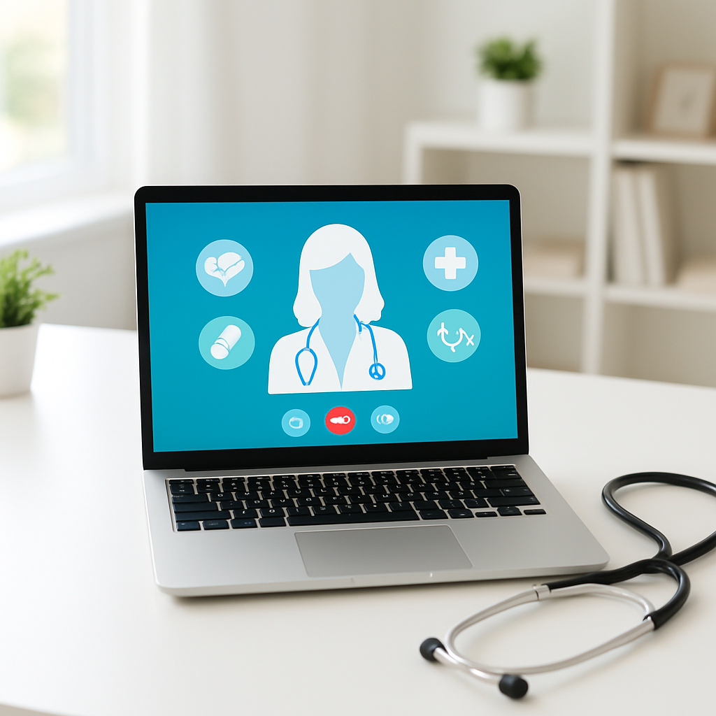 Laptop set up for a telehealth video consultation with medical icons
